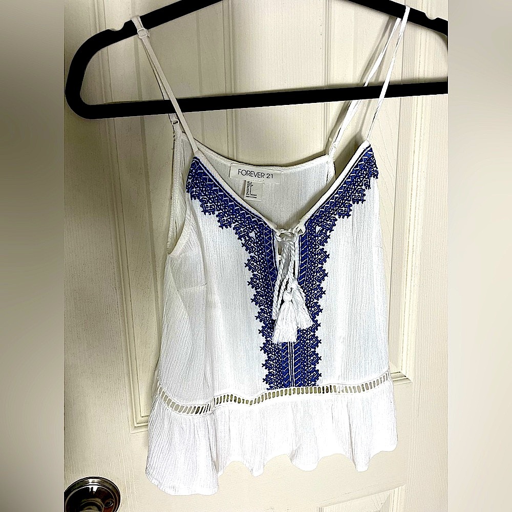 Forever 21 White Camisole with Blue Embroidery